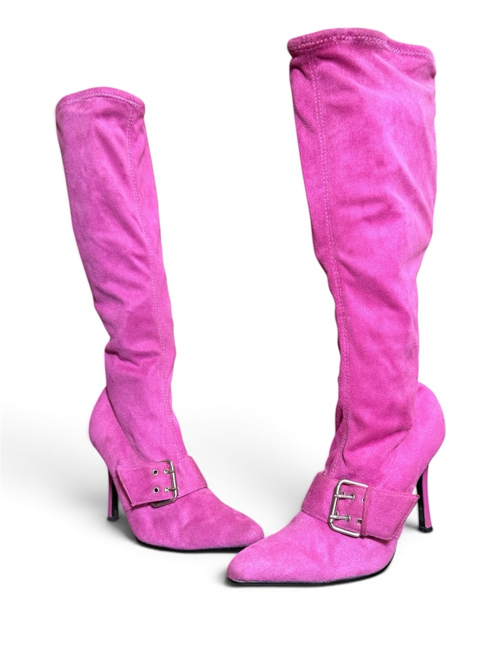Y2K PINK KNEE HIGH POINTED TOE SUEDE BOOTS BELT STRAP 💕💓